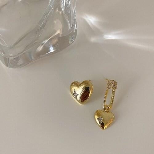 U-Magical Luxury Asymmetric Love Heart Safety Pin Dangle Earring for Women Hollow Rhinestone Gold Star Party Earring Jewellery