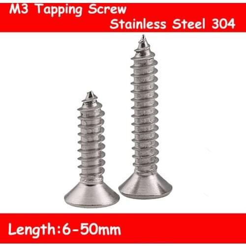 M3 Screw 50PCS DIN7982 ISO7050 304 Stainless Steel Screw M3*6-50mm Cross Recessed Flat Head Countersunk Self-tapping Wood Screws