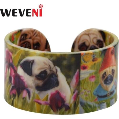 WEVENI Acrylic Pug Dog Pattern Wide Cute Bracelets Bulldog Bangles Animal Jewelry For Women New Charm Holiday Girl Accessories