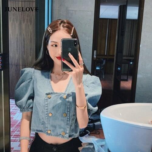 HStar Korean Women Short Sleeve Vintage Square Double Breasted Button Denim Blouse Ladies Crop Top Shirt Sexy Slim Blusas Tee