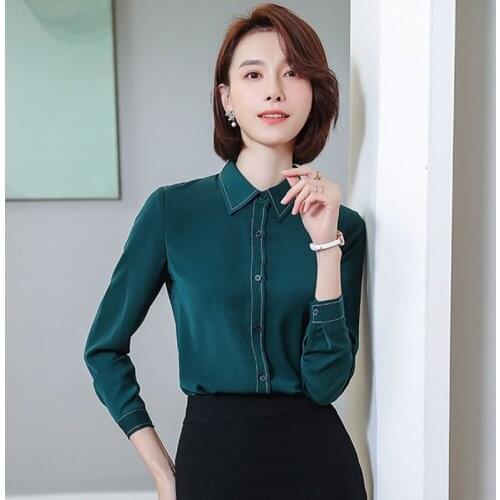 IZICFLY New Style Autumn Green Korean Blouse Office Uniform Long Sleeve Plus Size Tops For Women Fashion Slim Business Shirt