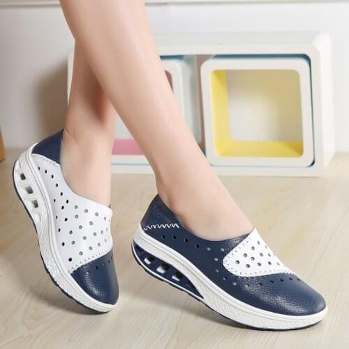 Height Increasing 4cm Platform Shoes Women Hollow Genuine Leather Toning Shoes Breathable Anti-slip Wedge Sneakers Jumping Shoes