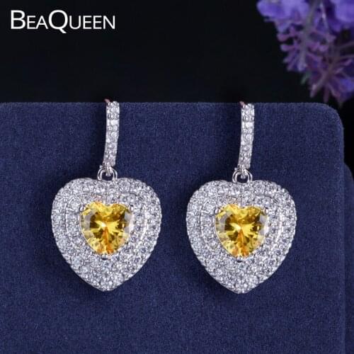 BeaQueen Fashion Women Lovely Heart Cut Yellow Cubic Zirconia Stone Dangle Drop Earrings for Engagement Party Jewelry Gift E048