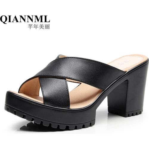 Big Size 33-43 Woman Shoes Squre Heel Summer Slippers 2021 High Heels Slides Black White Heels Slippers Ladies Office Shoe