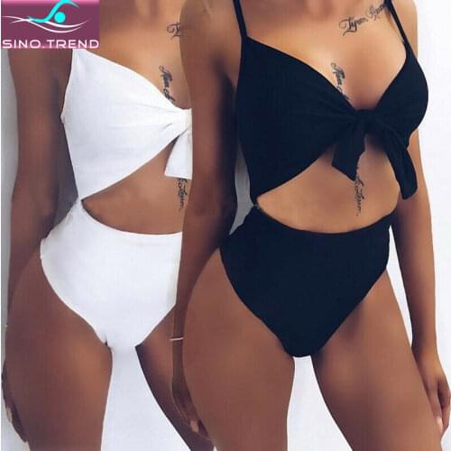 2020 Women Solid Color Knot Front Padded One Piece Bandage Bikini Push Up Monokini Swimsuit Bathing Suit Swimwear Set