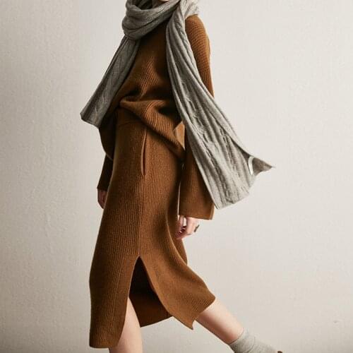 Knit 100% cashmere suit sweater women Pure cashmere set two-piece suit Autumn winter round neck fashion loose split skirt