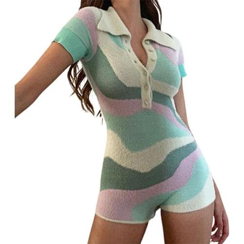 New Fashion Women Jumpsuit Short Sleeve Turn-down Collar Playsuit One Piece V Neck Striped Print Knitted Overalls Romper