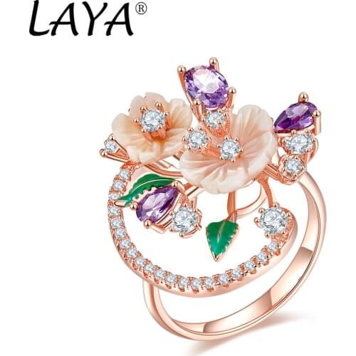 925 Sterling Silver Fashion Natural Shell Flower Green Leaf Enamel High Quality Zircon Ring Girl‘s Wedding Jewelry