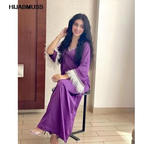 Abayas For Women Muslim Fashion Dubai Turkey Maxi Dress Tassel Feather Purple Evening Gowns V-neck Abaya Islamic Vestido 2021