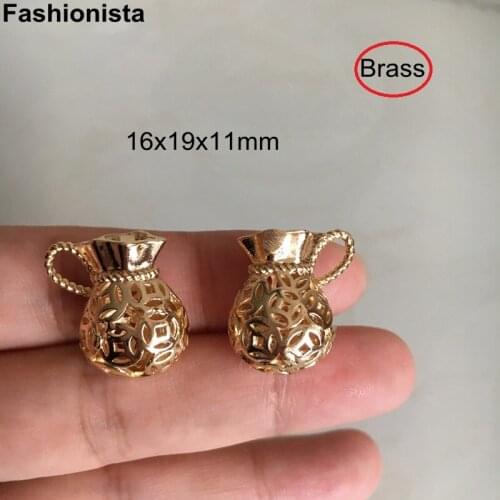 10 pcs -3D Jewelry Charms Brass Hollow Money Bag 16x19x11mm Gold Metal Chinese Ancient Style Filigree Necklace Pendant -A