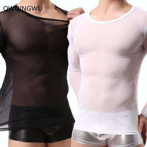 2PCS Man Undershirts Gay Nylon Mesh See Through Sheer Long Sleeves T Shirts Male Sexy Compression Shirts Underwear Undershirt