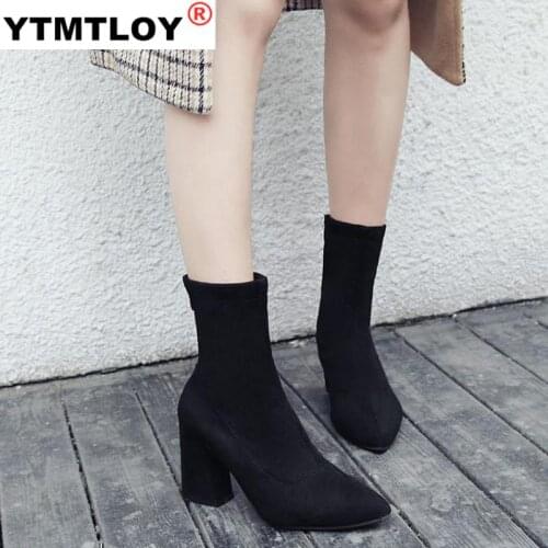 Fashion Black Boots Women Heel Spring Autumn Sexy Soft Sudes Platform Shoes Woman Party Ankle High Heels Snow Boots Flock