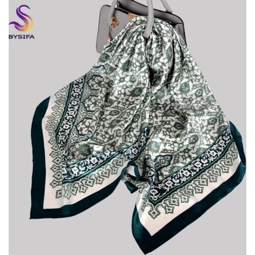 BYSIFA|Fashion Womens Scarves Wraps 2020 Winter New Blue Green 100% Silk Scarf Hijab Printed Floral Design Top Grade Neck Scarf