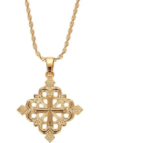 Ethiopian Gold Color Cross Pendant Necklaces for Women Men Chain Jewelry
