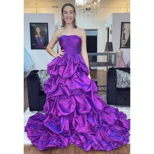 Purple Satin Strapless Prom Dresses 2021 Puffy Tiered Formal Evening Party Dress vestidos de gala