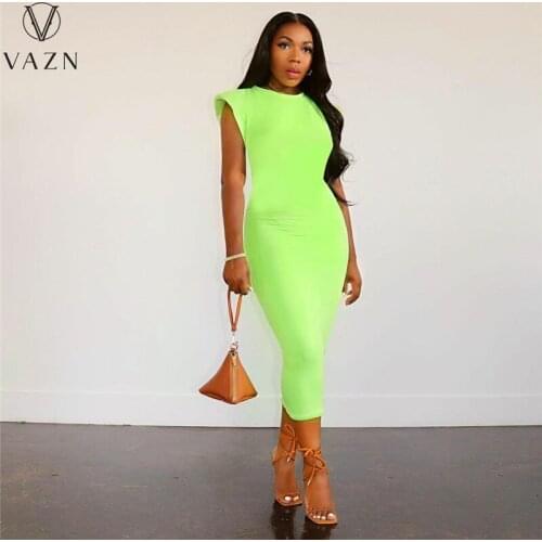 VAZN 2021 Hot Sales Energy Overalls Solid Simple Young Europe And America Long Dress Short Sleeve Women Shinny Midi Dress