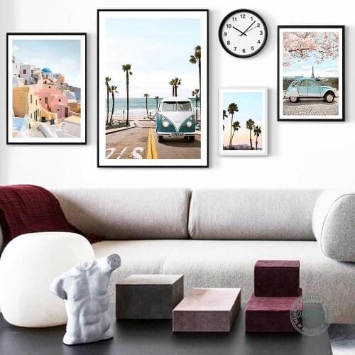 Nordic Paris Santorini Tourist Landscape Canvas Painting Palm Tree Pink Cherry Blossom Blue Bus Poster Modern Wall Art Picture