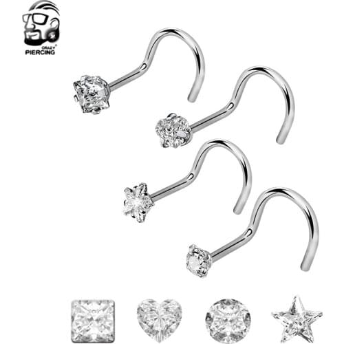 4pcs/lot 4 Shapes Rhinestone Nose Ring 20G Surgical Steel Twisted Nose Studs Screw Ring Body Piercing Crystal Nostril Jewelry