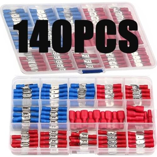 140Pcs Assorted Fork U-type Red/Blue Full Insulated Terminal Set Electrical Wire Cable Crimp Spade Ring Connector Assortment