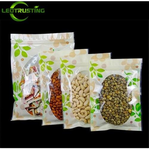 Leotrusting 100pcs Flat Bottom Plastic Zip Lock Bag Clear Green Window Coffee Snack Cookie Packaging Bag Hand Plastic Gift Bags