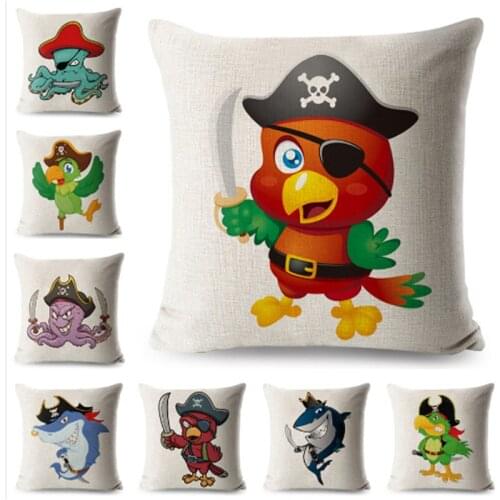 Cartoon Pirate Birds Shark Octopus Pillow Case Linen 45*45 cm Decorative Printed Animals Cushion Cover for Sofa Throw Pillowcase