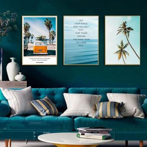 Nordic Poster Wall Art Canvas Print Coconut Palm Tree Classic Cars Seascape Picture for Nursery Room Kid Bedroom Wall Decor Gift