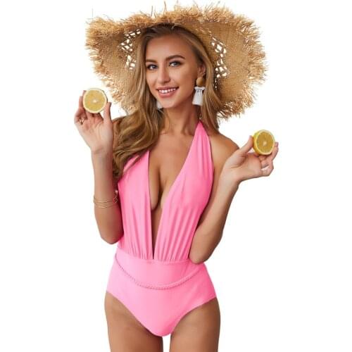 TMELAINE 2020 New One Piece Swimsuit Women Halter Design V-neck Swimming Kупальник Pink Color Backless S-XL Swimwear For Women