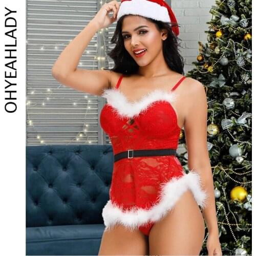 Ohyeahlady Christmas Lingerie for Women Santa Babydoll Red Lace Badysuit Sexy Christmas Outfit Teddy Babydoll Bodysuit SJ90783
