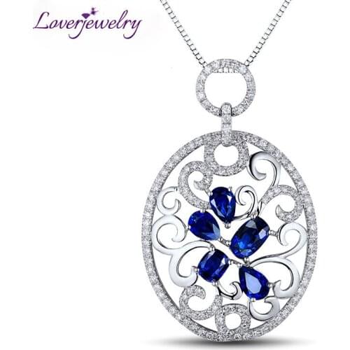 LOVERJEWELRY Classic Real Diamond Genuine Blue Sapphire Solid 18Kt White Gold Cluster Floating Pendant Neklace Jewelry For Women