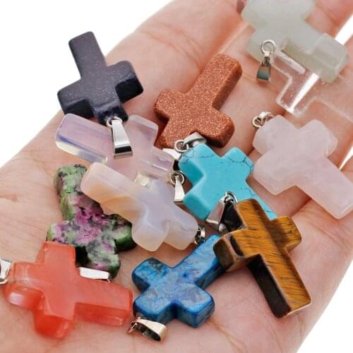 12 colors fashion hot sell natural stone Tiger Eye mixed color assort cross pendants Charms fit Necklaces jewelry making #287453