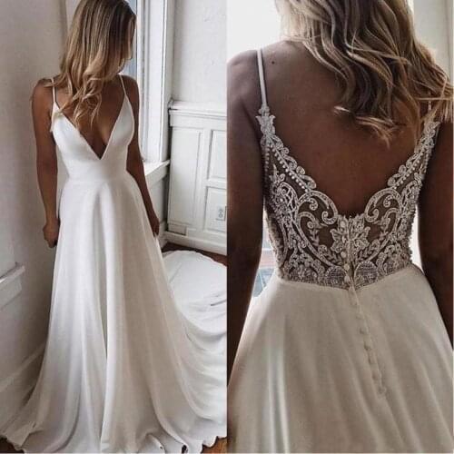 Simple Dress 2021 V-Neck With Strap A-Line Chiffon Bridal Dresses Lace Back Out Wedding Gowns for Bride Plunge