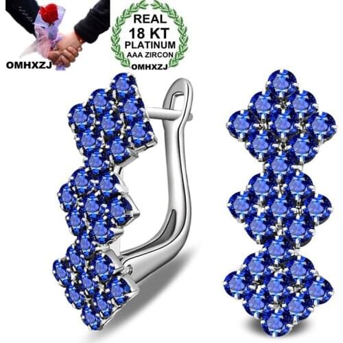 OMHXZJ Wholesale Personality Fashion OL Woman Girl Wedding White Blue Geometric Zircon 18KT White Gold Hoop Earrings YE412