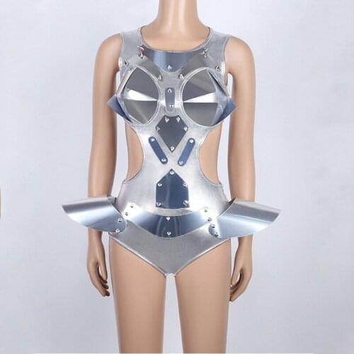 Girls Dance costumes Silver Bodysuit Women DJ DS Jumpsuit For Singers Performing Wear Pole Dance clothes Gogo Dancer Outfits