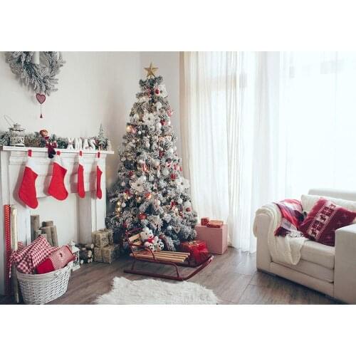 Christmas Tree Socks Sofa Gift White Curtain Photography Background Vinyl Backdrop for Children Baby Home Photocall Photo Studio