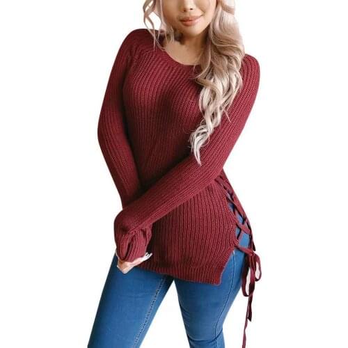 Knitted Pullover Sweater Casual Crew Neck Lace Up Soild Warm Slim Fit Long Sleeve Winter Tops Fashion Sweater Women Jumpers