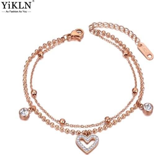 YiKLN Stainless Steel CZ Crystal Chain & Link Bracelets For Women Double Layer Bohemia Heart Charm Bracelet pulseras YB20158