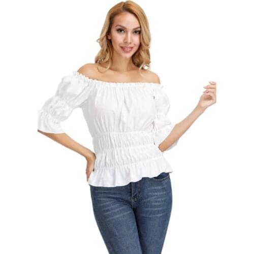 Women Renaissance Off-Shoulder Short Sleeves Slim-Fit Blouse Medieval Fashion Pirate Blouse Shirt Cosplay Costume Plus Size