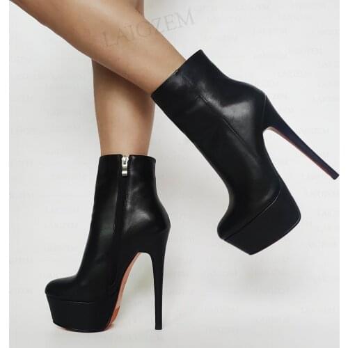SEIIHEM Women Ankle Platform Boots Real Leather Thin High Heels Zip Up Booties Quality Shoes Woman Botas Mujer Size 33 37 38 40