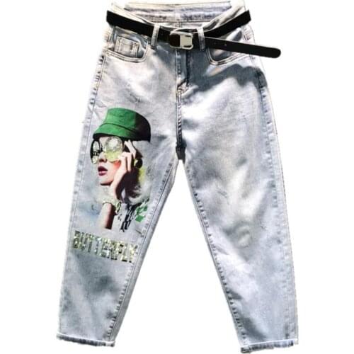 Spring summer new fashion women jeans women high wasit loose printed letters hot drilling harem pants plus size 26-31