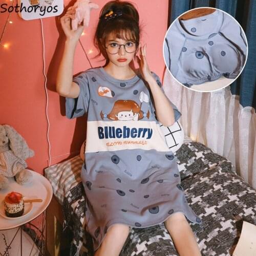 Women Short Sleeve Nightgowns Lovely Cartoon Printed Ulzzang Sweet Ruffles Loose Casual Cozy O-neck Fashion Sleepshirts M-4XL
