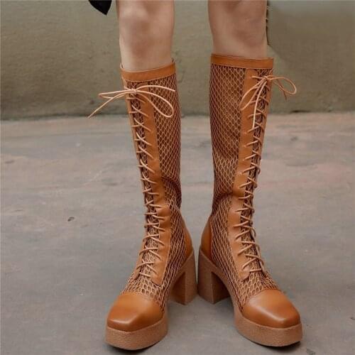 Lace Up Thigh High Gladiator Shoes Women Summer Genuine Leather Knee High Boots Female Breathable High Heel Platform Pumps Shoes
