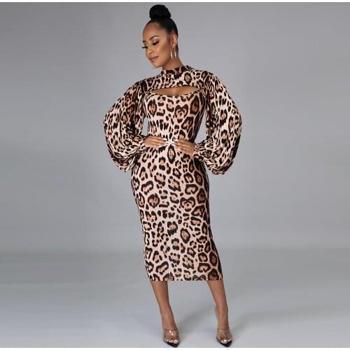 Office Lady Women Bandage Two Piece Set Lantern Long Sleeve Cropped Top and Spaghetti Strap Package Hip Dress Clubwear Outfits