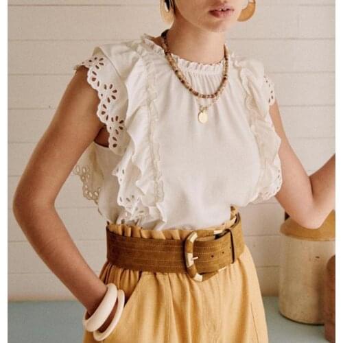 Women Tops 2021 Summer Embroidered Ruffled Sleeves Wood Ears Round Neck Straight 100% Cotton White Top