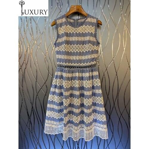 2020 High Quality Cotton Summer Style Women O-Neck Allover Exquisite Embroidery Sleeveless Slim Fitted A-Line Dress Tunic