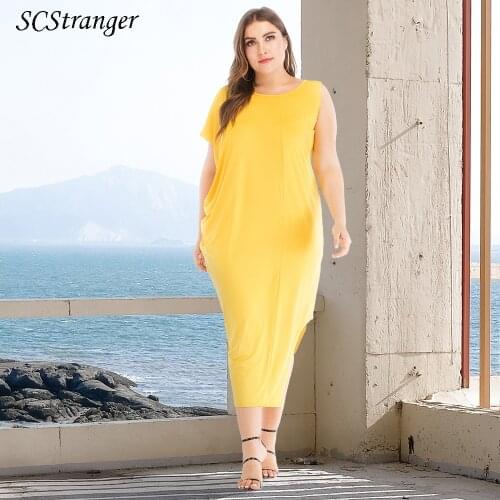 Plus Size Women Sexy Dresses 2021 Irregular Elastic Temperament Solid Color Maxi Dress Round Neck Short Sleeve Robe Femme платье