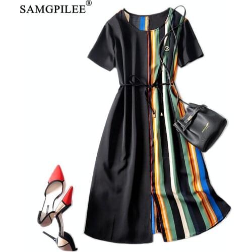 Summer Clothes For Woman 2021 New Fashion Casual A-line Patchwork Short Sleeve Sashes Knee-length O-neck Women Black Dresses 4XL