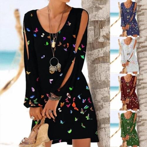 HOT SALES!!! Women Dress Butterfly Print O Neck Hollow Out Long Sleeve Loose Mini Dress for Beach