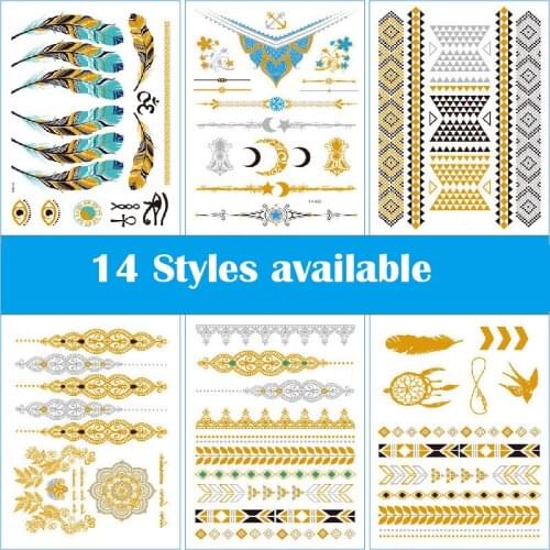 10 Styles Metallic Tattoos Waterproof Temporary Tattoos Sticker Fake Flash Tattoo Designs in Gold Silver