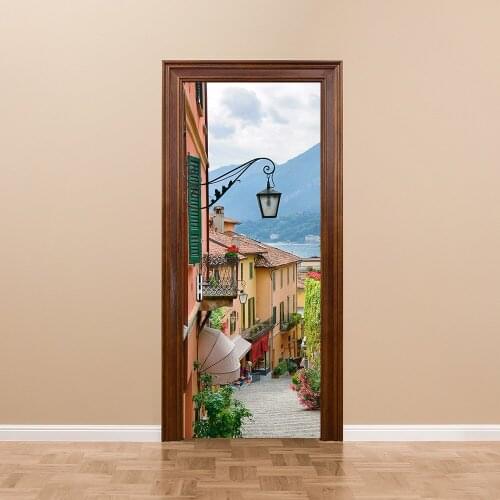 2019 Popular 3D Door Stickers Old Town Vinyl Wall Decal Door Mural Art Bedroom Doors Waterproof PVC Sticker DIY Home Decor