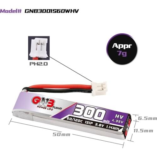 5PCS Gaoneng GNB 300mAh 1S 3.8V 60C/120C FPV Batteries Wire PH2.0 Plug 4.35V Lipo Battery Updated Verion of 300mah
